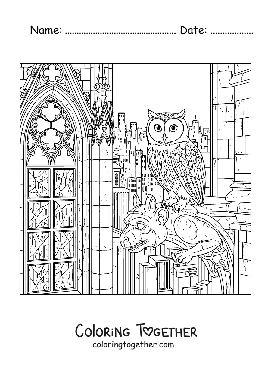 Coloring page of a Meowl by a gothic stained-glass window