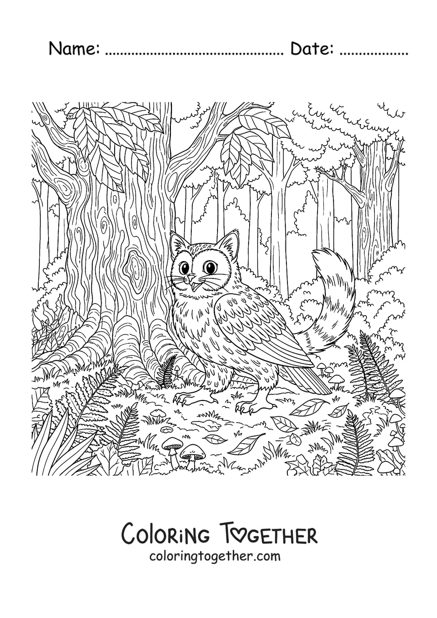 Coloring page of a Meowl in the forest among the trees
