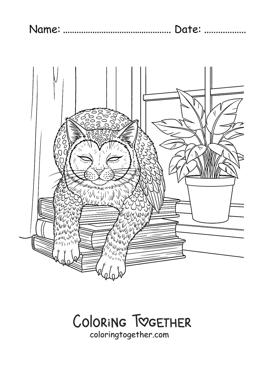 Coloring page of a Meowl resting on a stack of books