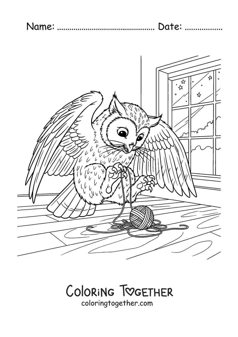 Coloring page of a Meowl playing with a ball of yarn
