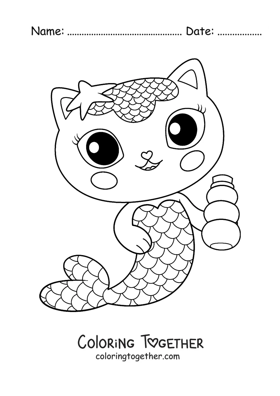 Coloring page of MerCat, the mermaid cat