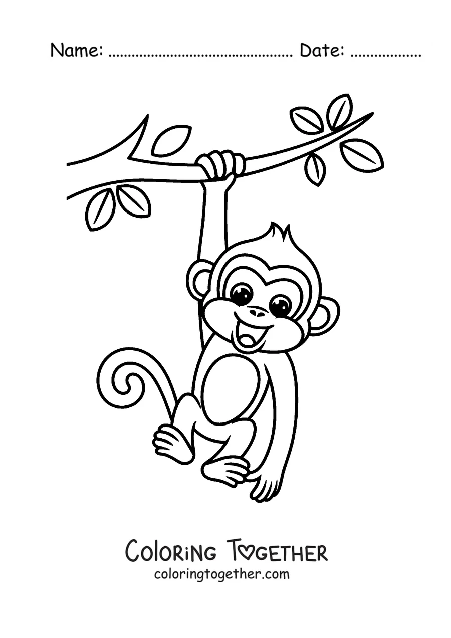 Coloring page of a monkey hanging from a branch by its tail