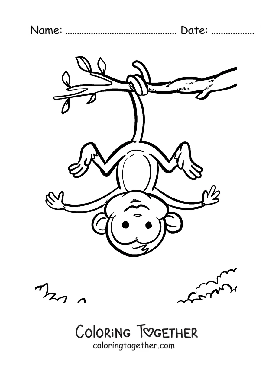 Coloring page of a monkey hanging upside down from a branch