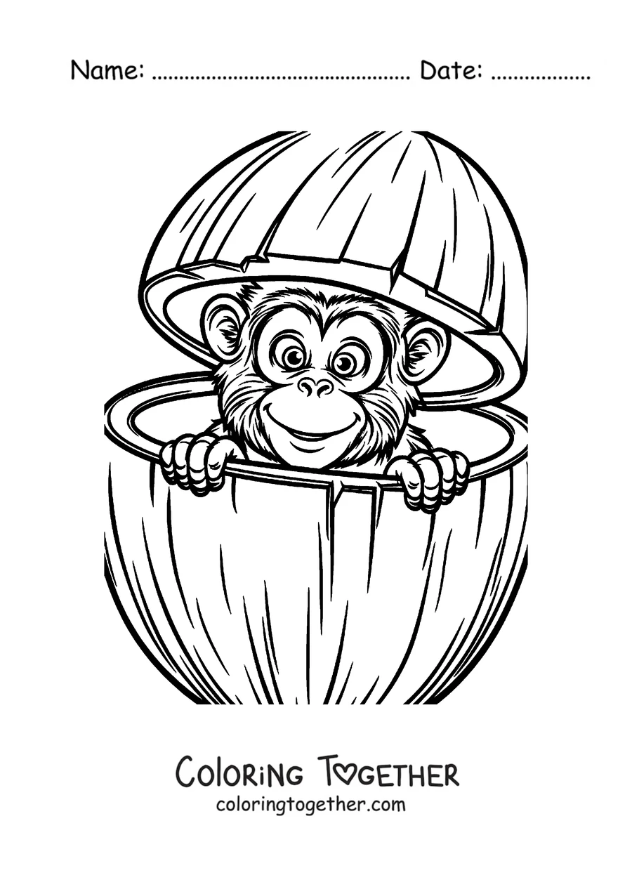 Coloring page of a monkey peeking out of a coconut
