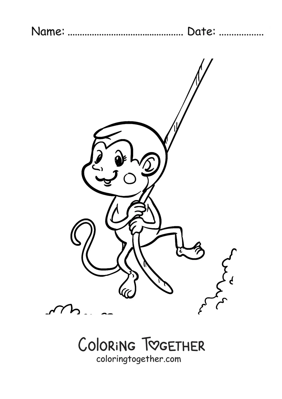 Coloring page of a monkey swinging from a vine