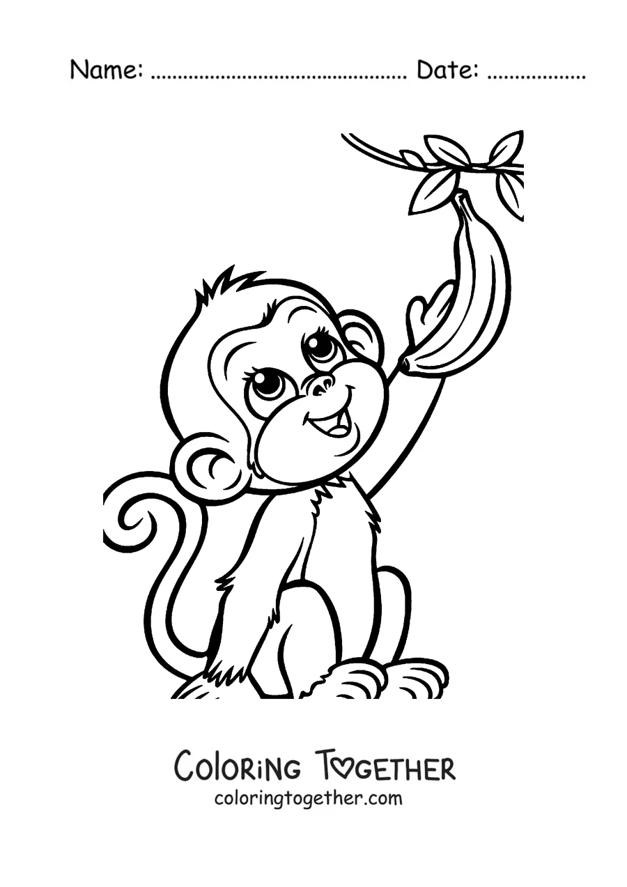 Coloring page of a monkey sitting and holding a banana