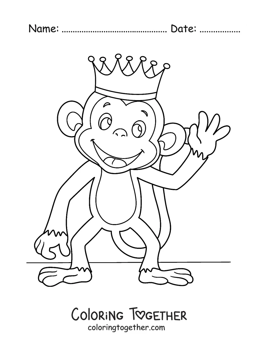 Coloring page of a monkey wearing a crown and waving