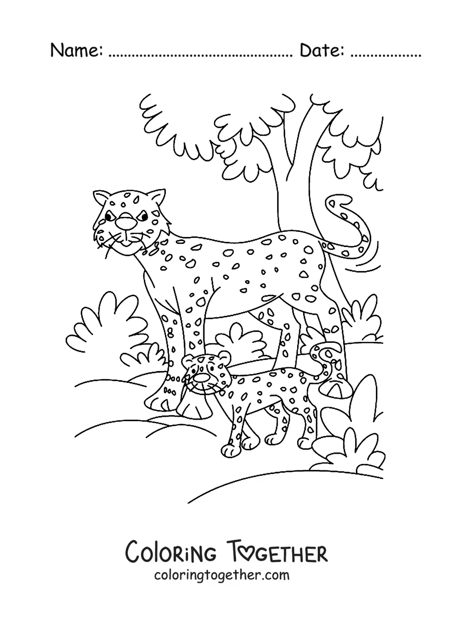 Coloring page of a mother cheetah walking with her cub