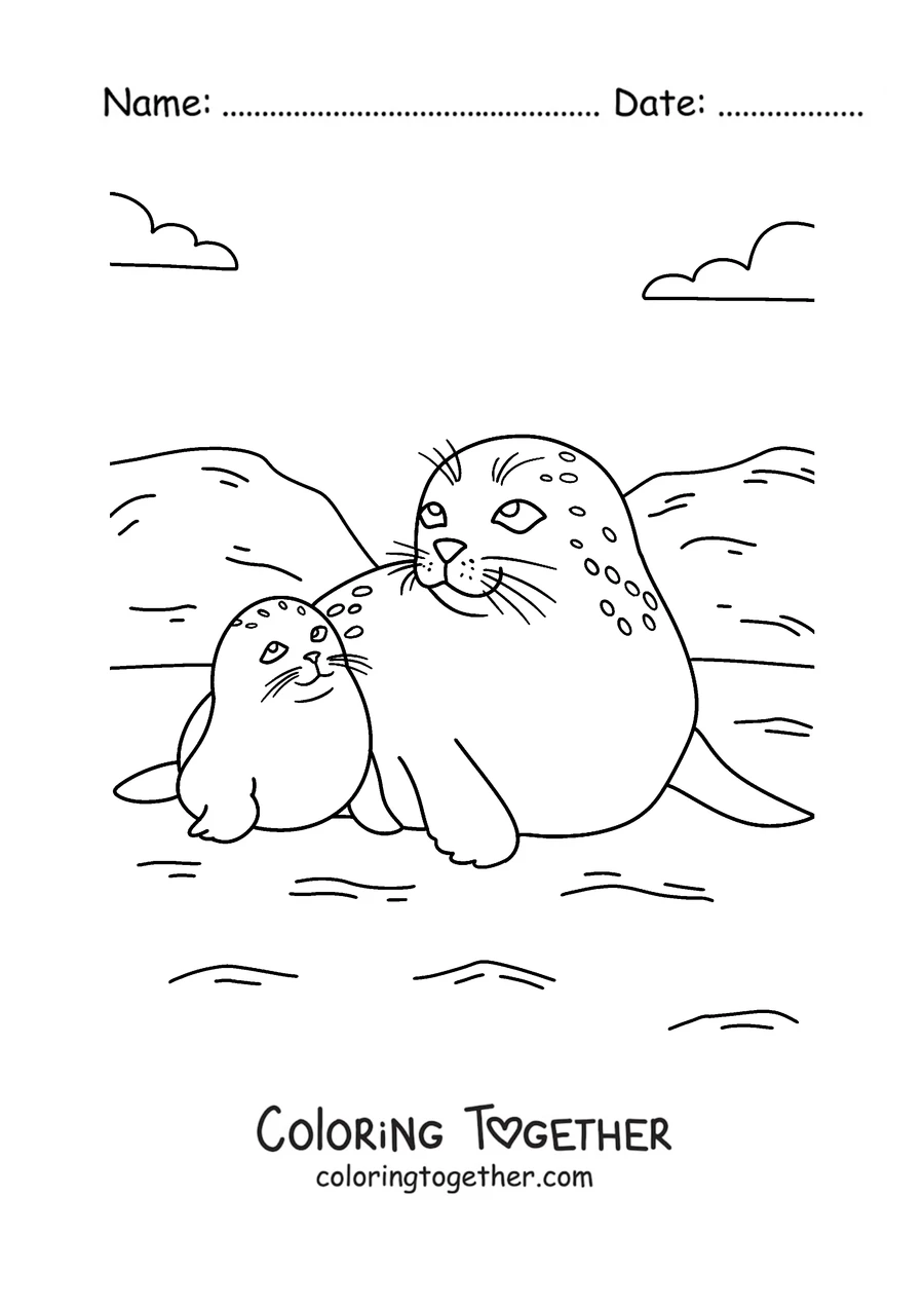Coloring page of a mother seal and her pup on the shore