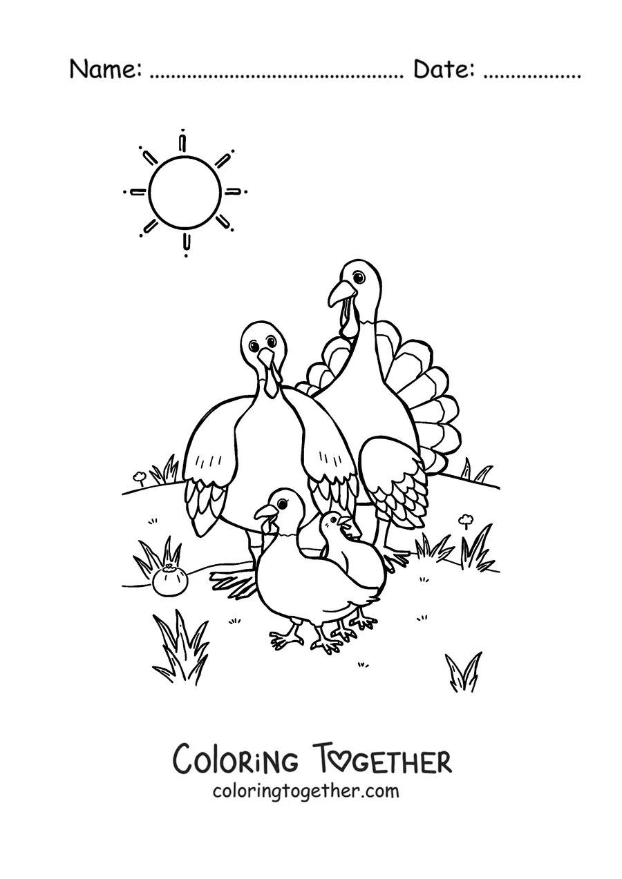 Coloring page of a mother turkey strolling with her poults
