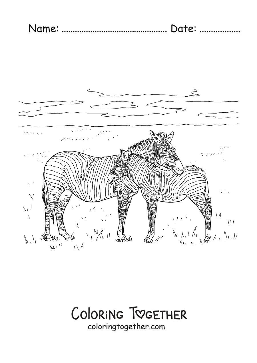 Coloring page of a mother zebra with her foal