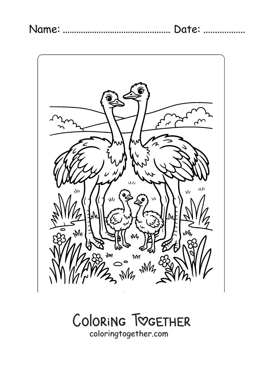 Coloring page of an ostrich family with its chicks