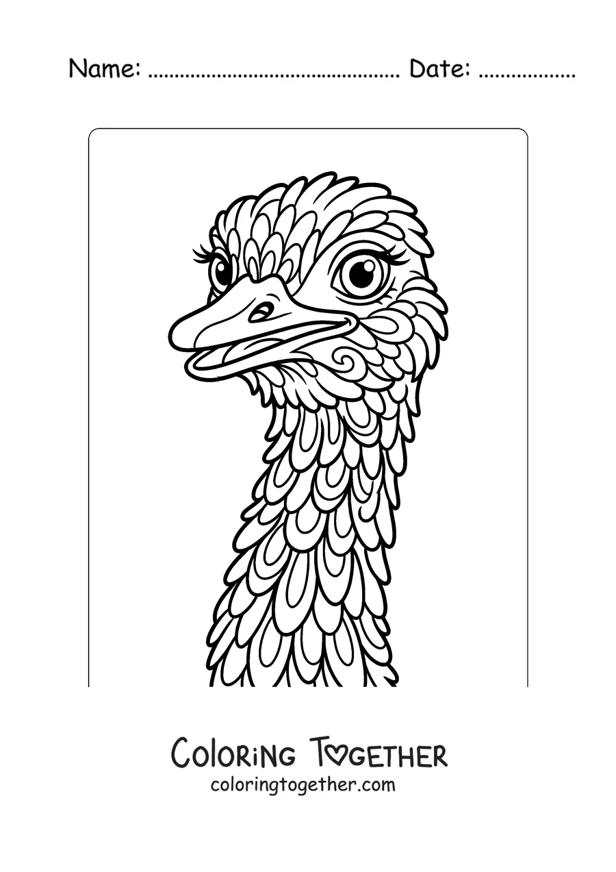 Coloring page of an ostrich head close-up