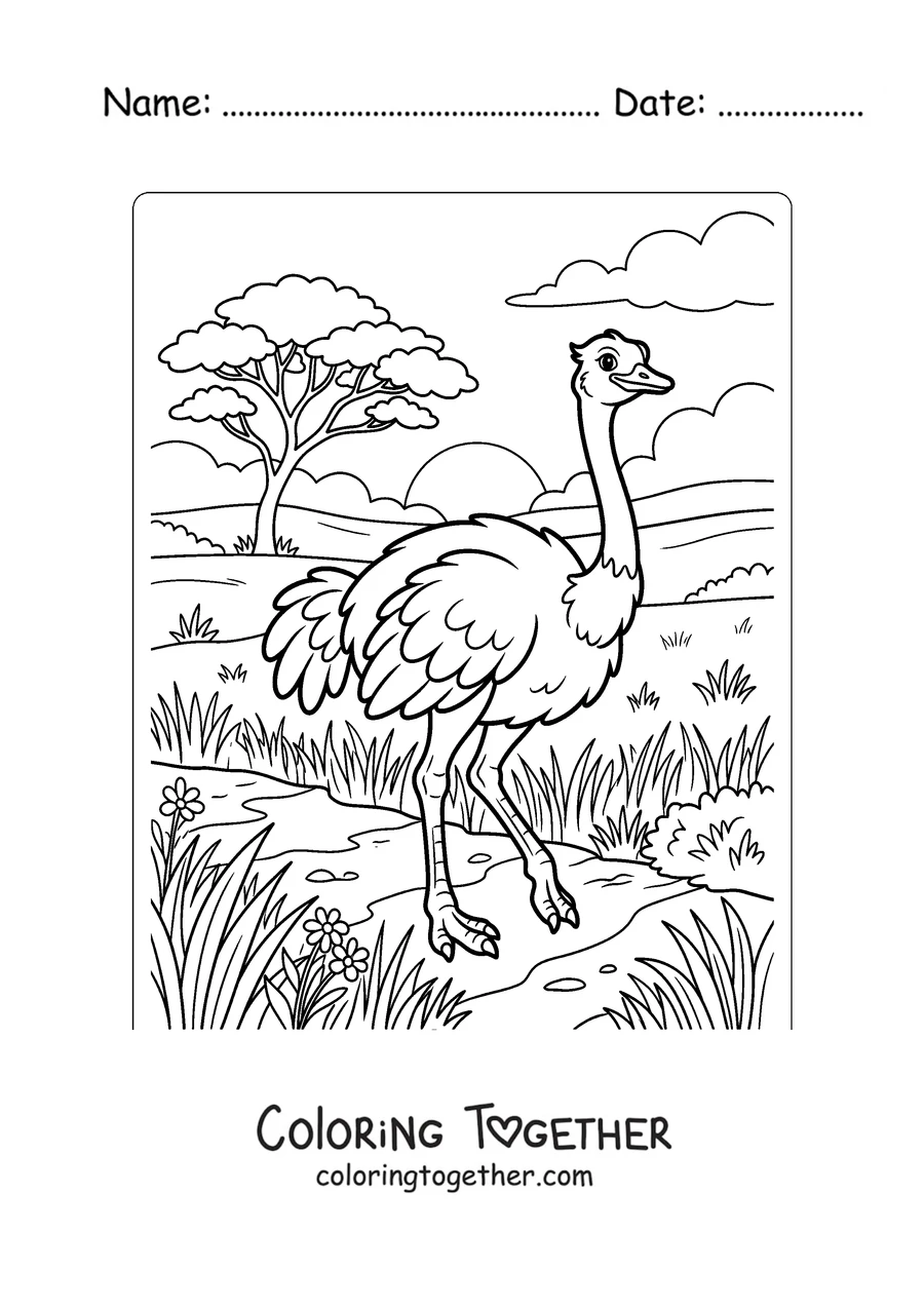 Coloring page of an ostrich in the African savanna