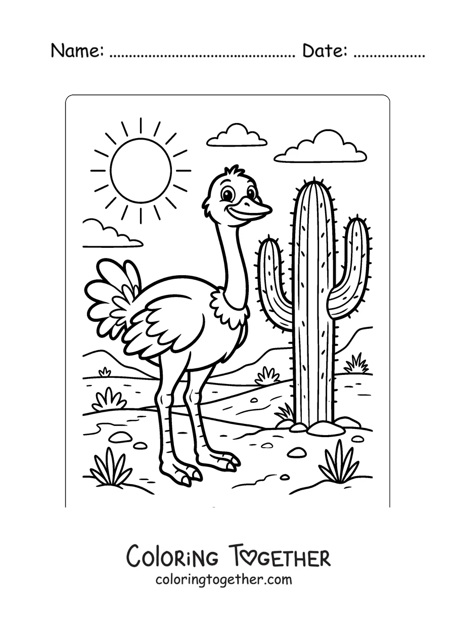 Coloring page of an ostrich next to a cactus in the desert