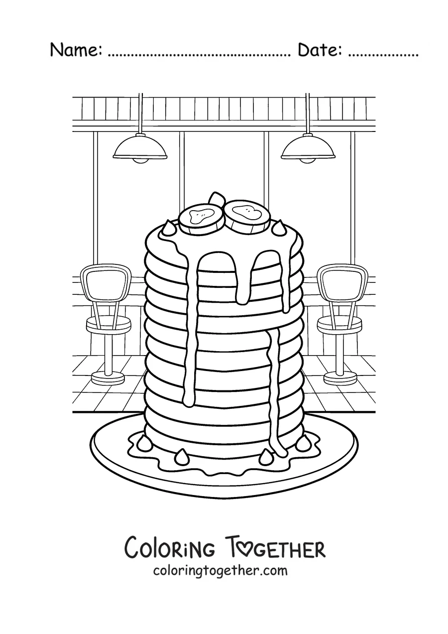 Coloring page of a pancake tower at a diner