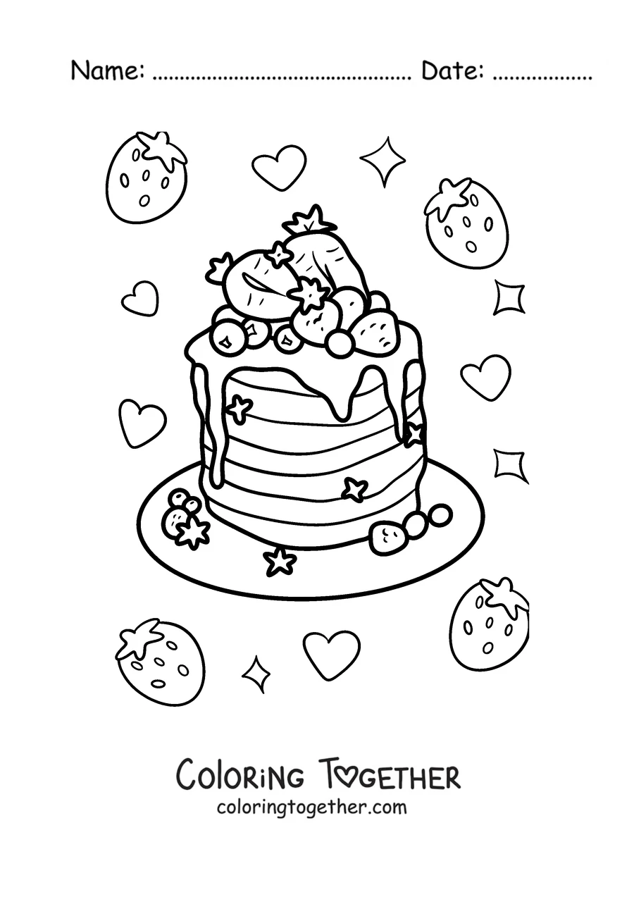 Coloring page of a pancake tower with strawberries