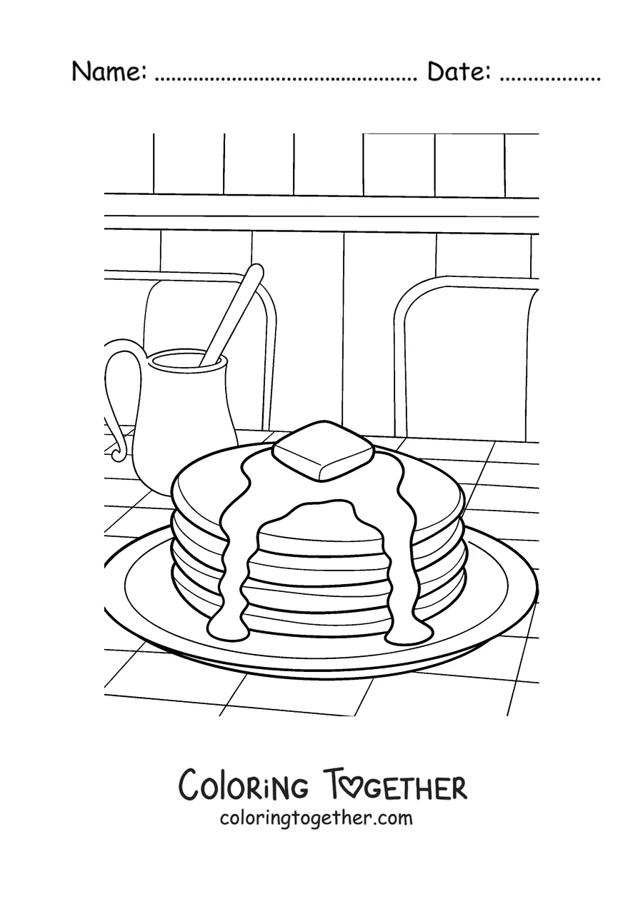 Coloring page of a stack of pancakes with butter and syrup
