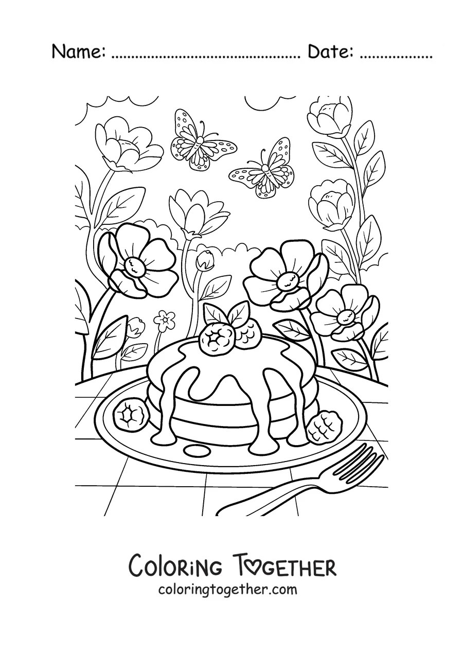 Coloring page of pancakes with strawberries in a garden with butterflies