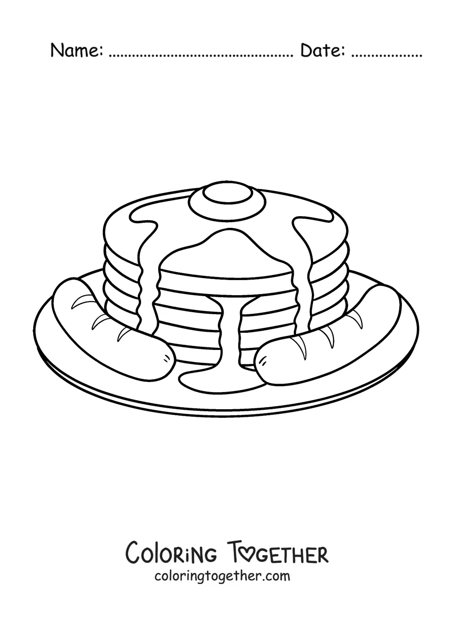 Coloring page of pancakes with syrup served on a plate