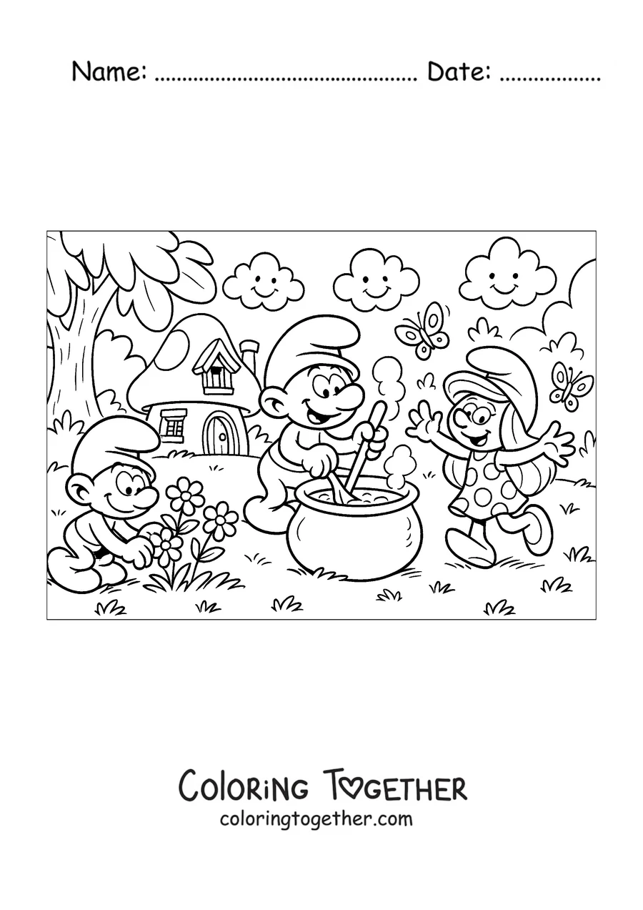Coloring page of Papa Smurf brewing a potion in his cauldron