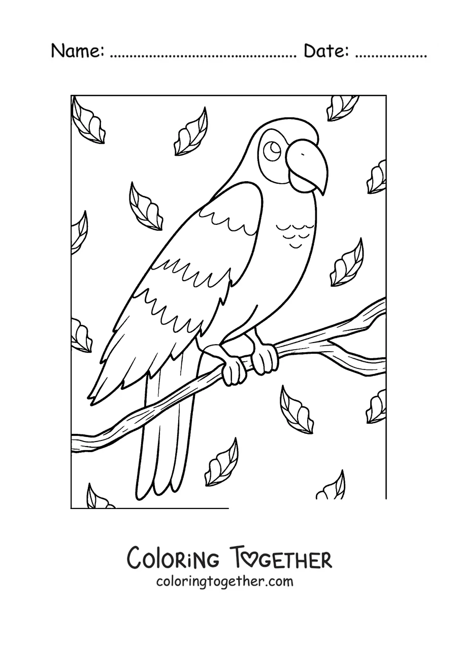 Coloring page of a parrot perched among the leaves