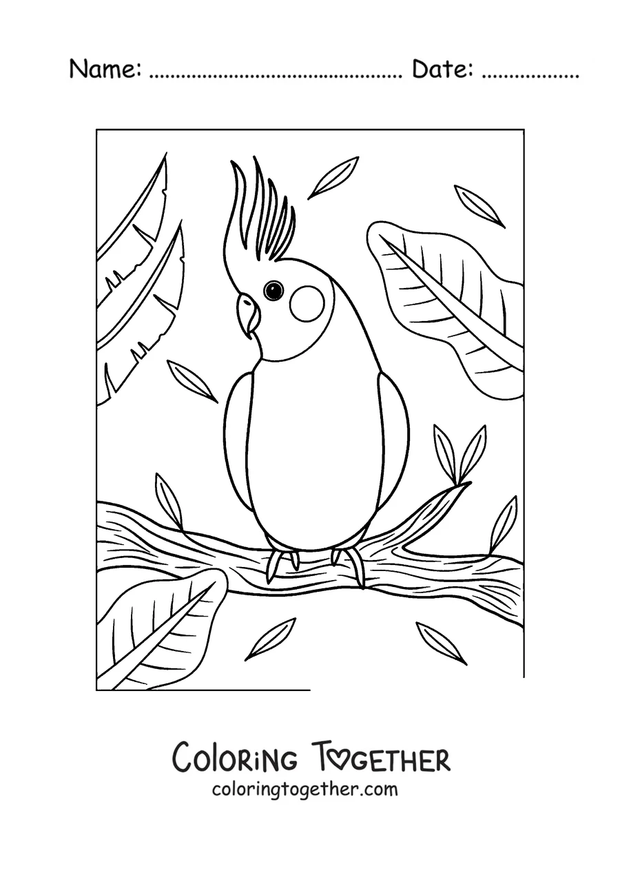 Coloring page of a crested parrot perched on a branch