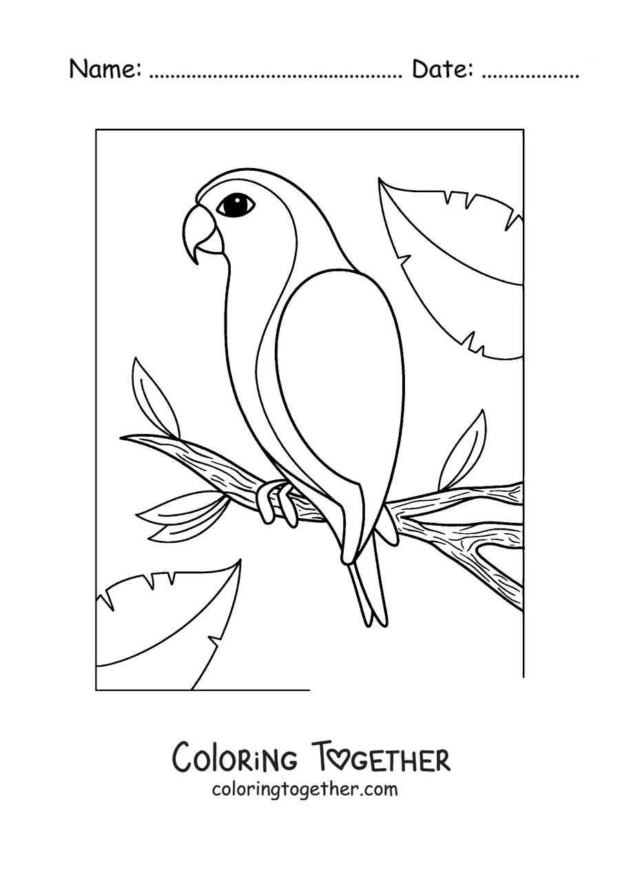 Coloring page of a simple outline parrot perched