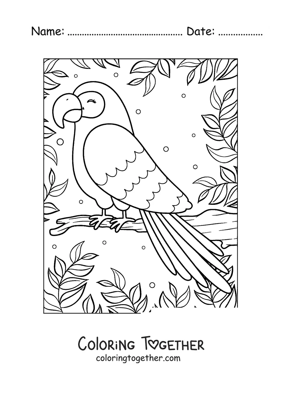 Coloring page of a smiling parrot perched among leaves