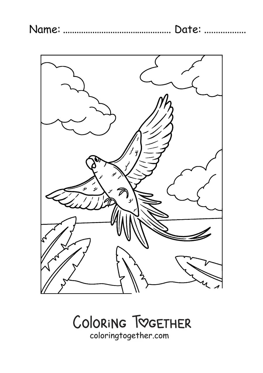 Coloring page of a tropical parrot flying over the jungle