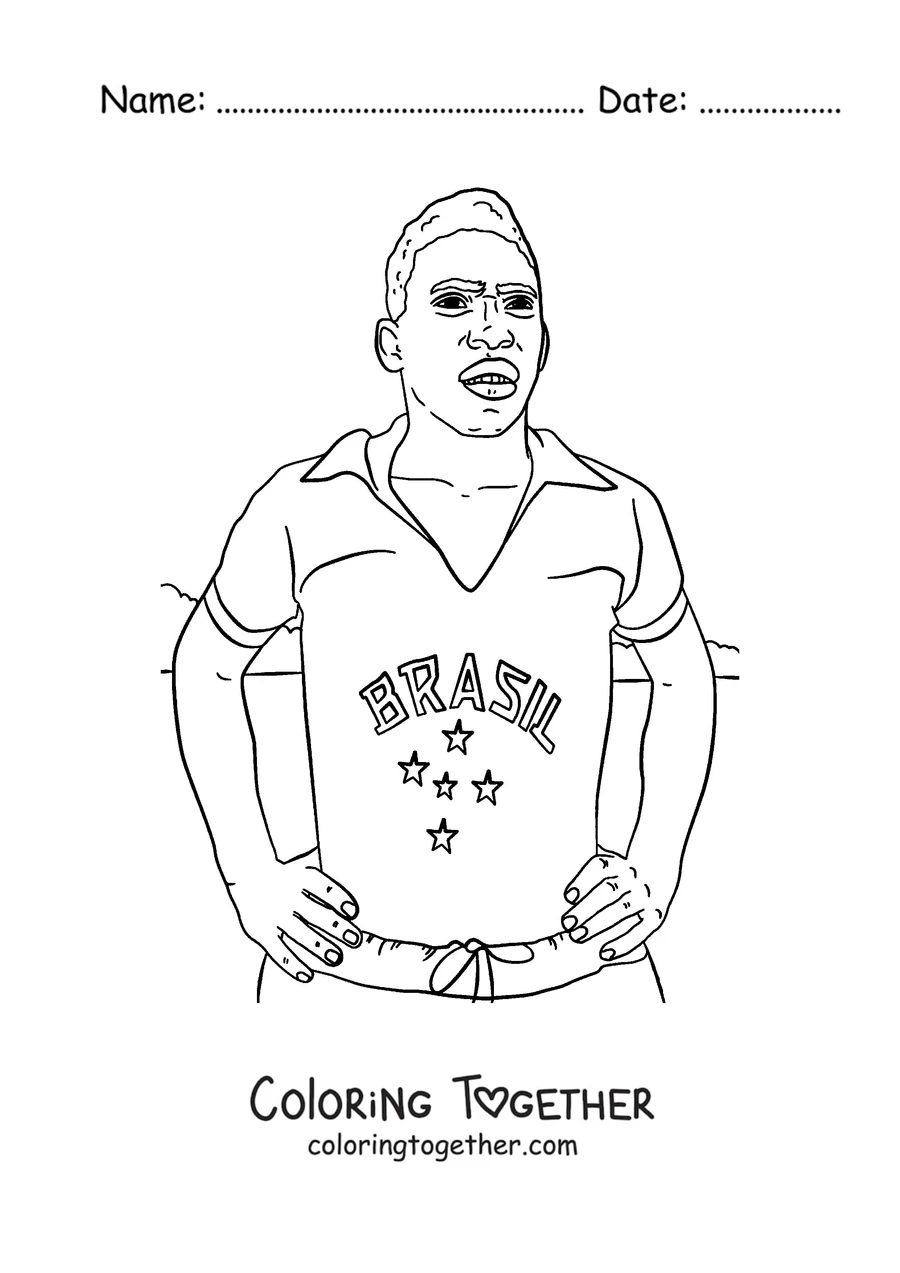 Coloring page of Pelé standing in the Brazil shirt