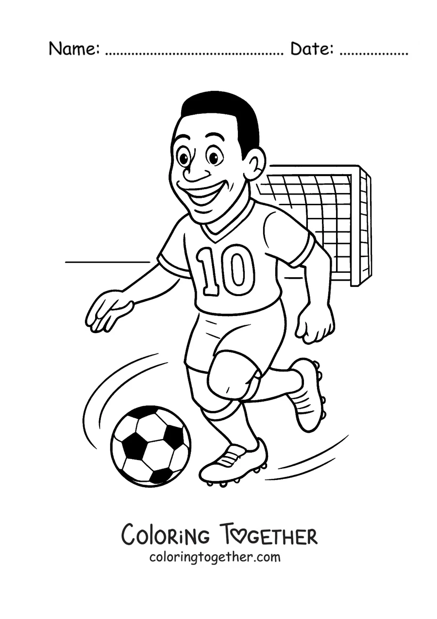 Coloring page of Pelé as a cartoon running with the ball toward the goal