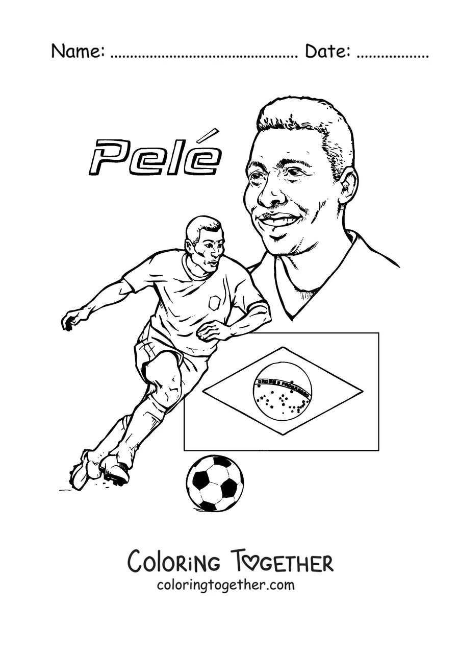 Coloring page of Pelé dribbling with the flag of Brazil