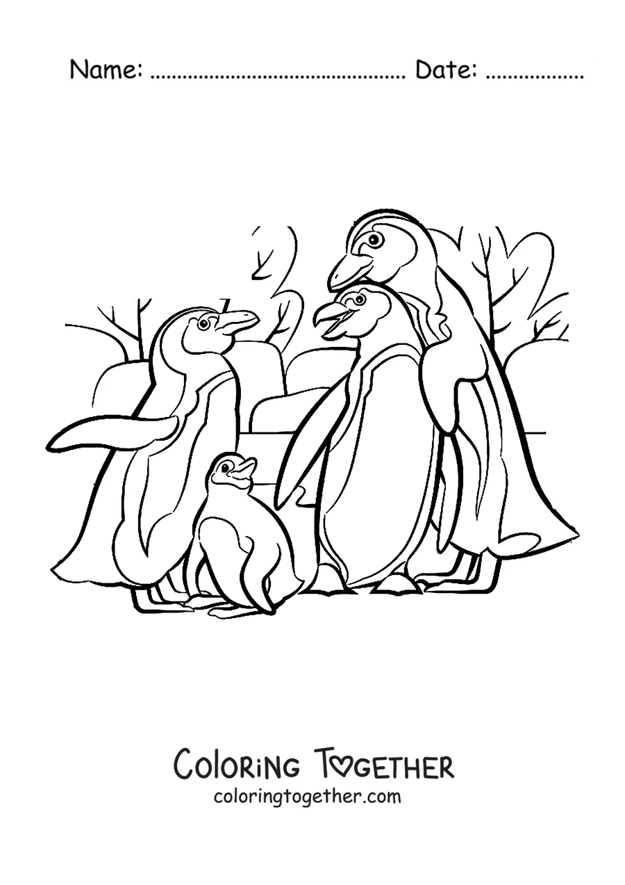 Coloring page of a penguin family with their chick