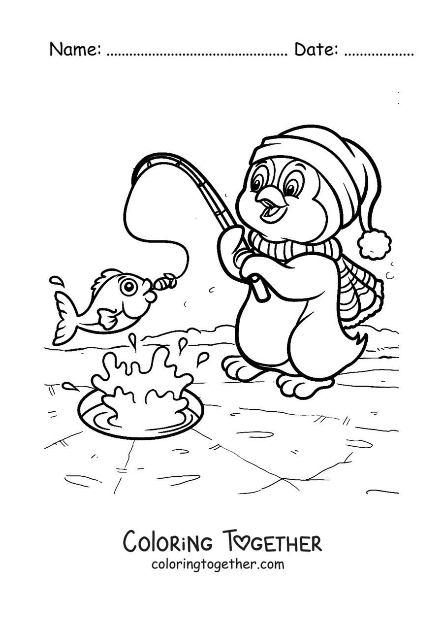 Coloring page of a penguin fishing on the ice