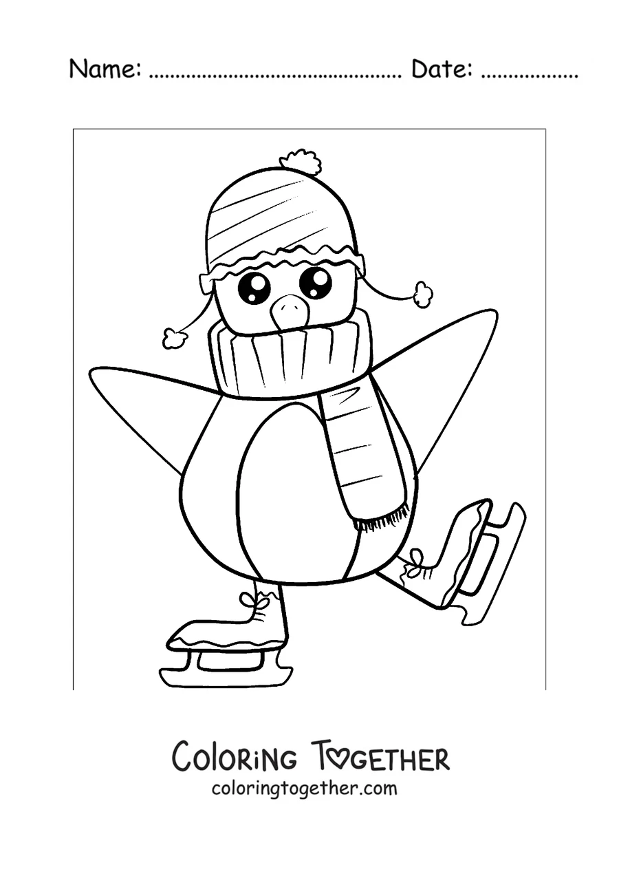 Coloring page of a penguin ice skating
