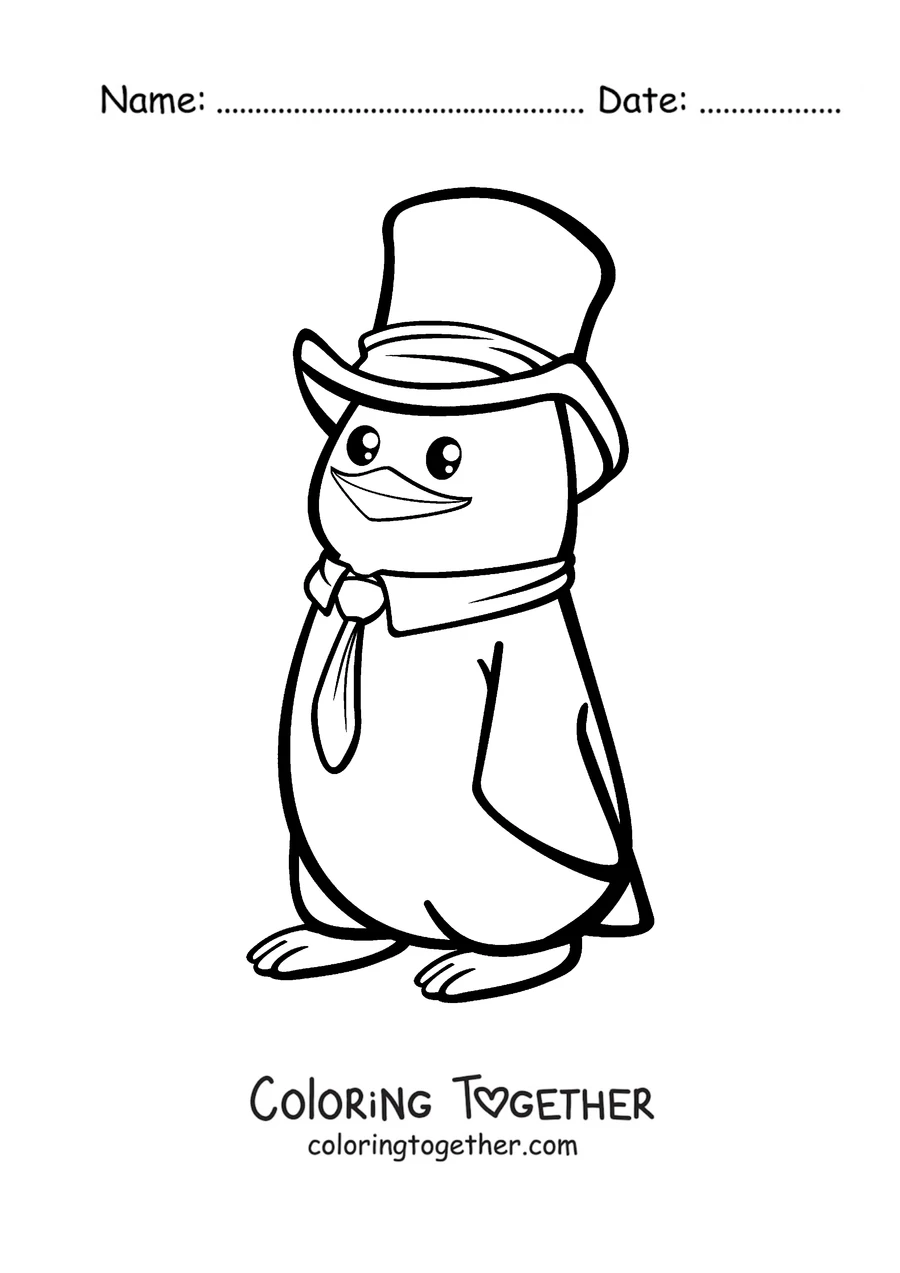 Coloring page of a penguin in a top hat and tie
