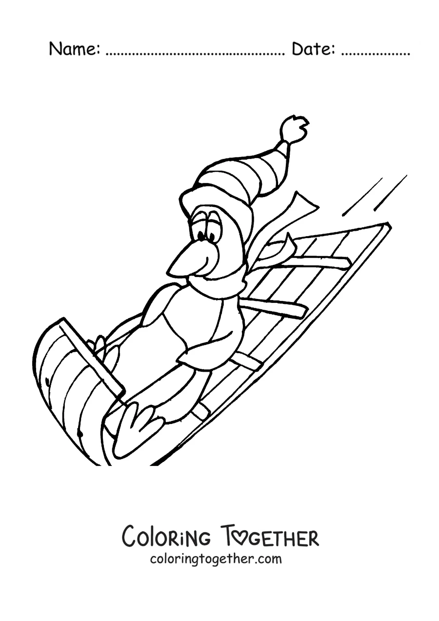 Coloring page of a penguin sledding downhill