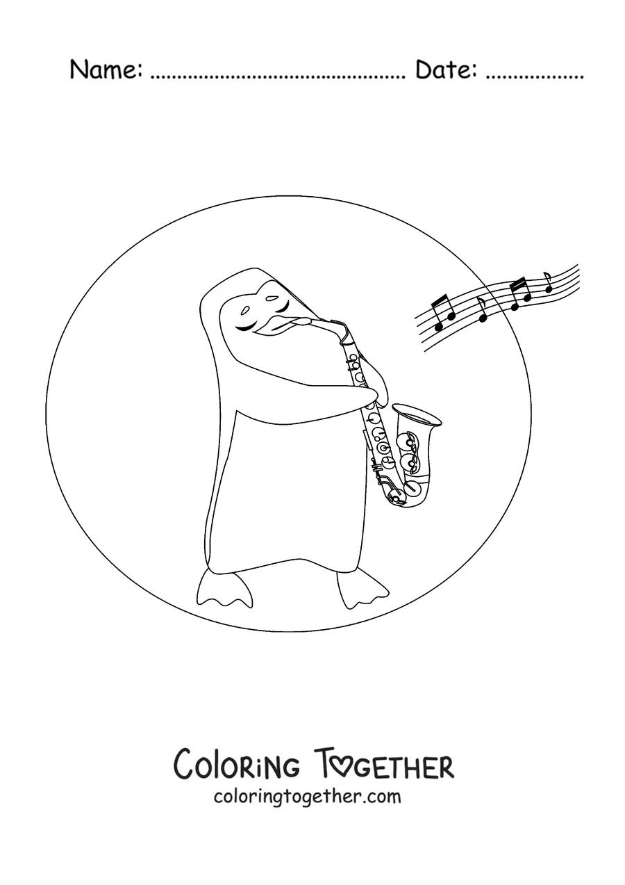 Coloring page of a penguin playing the saxophone