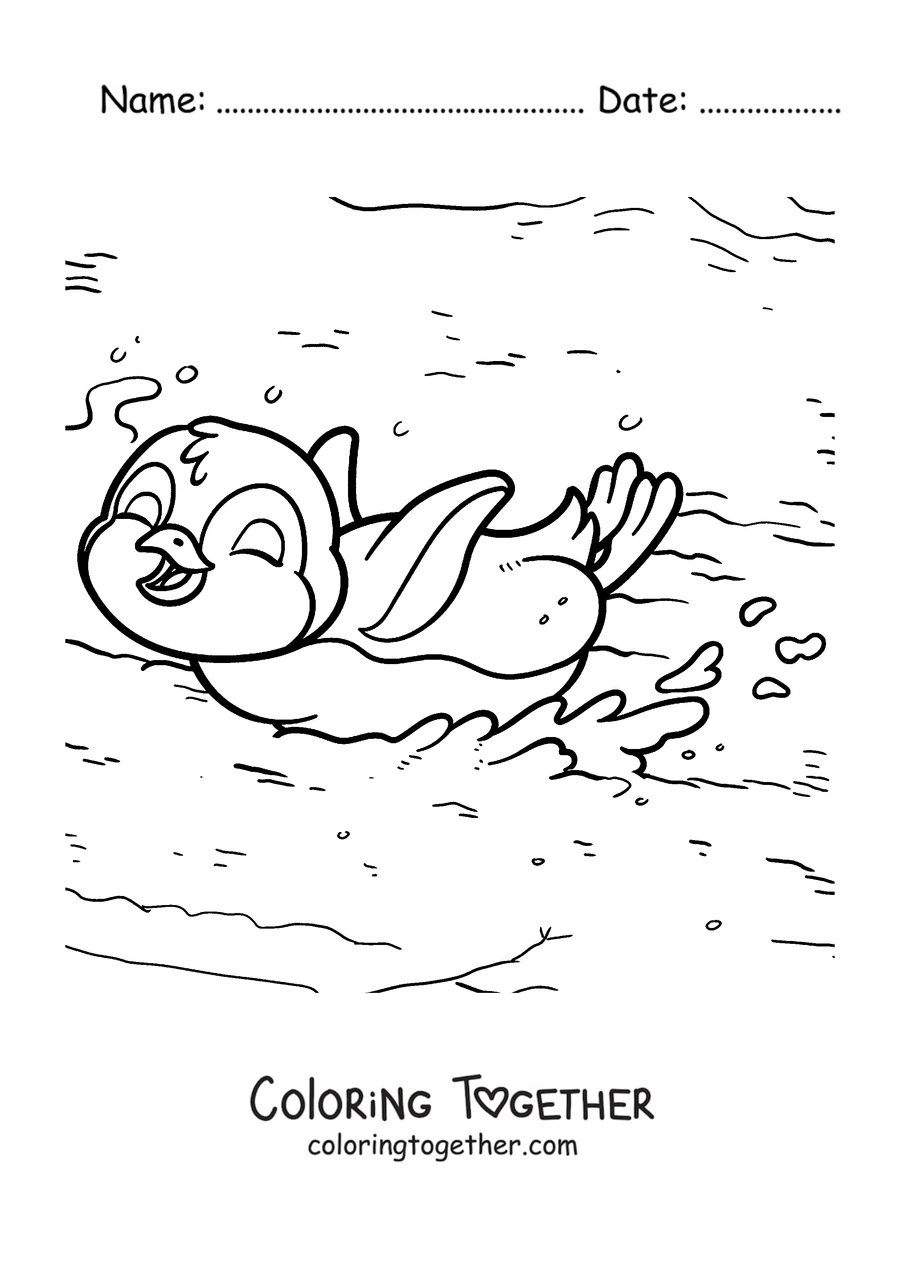 Coloring page of a penguin sliding on its belly