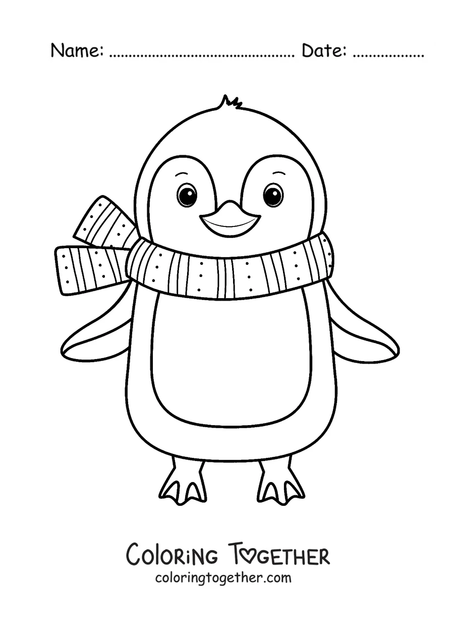 Coloring page of a penguin standing with a scarf