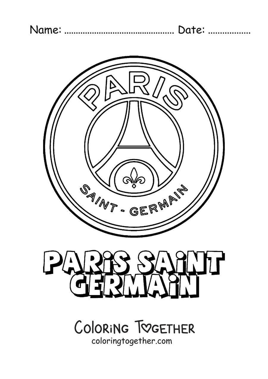 Coloring page of the PSG crest with the name Paris Saint-Germain