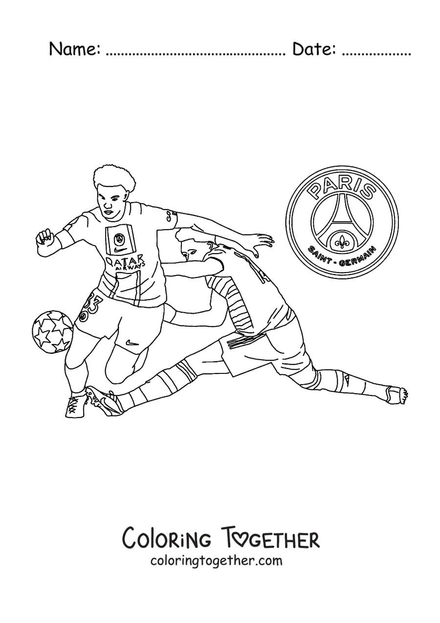 Coloring page of two PSG players battling for the ball during a match
