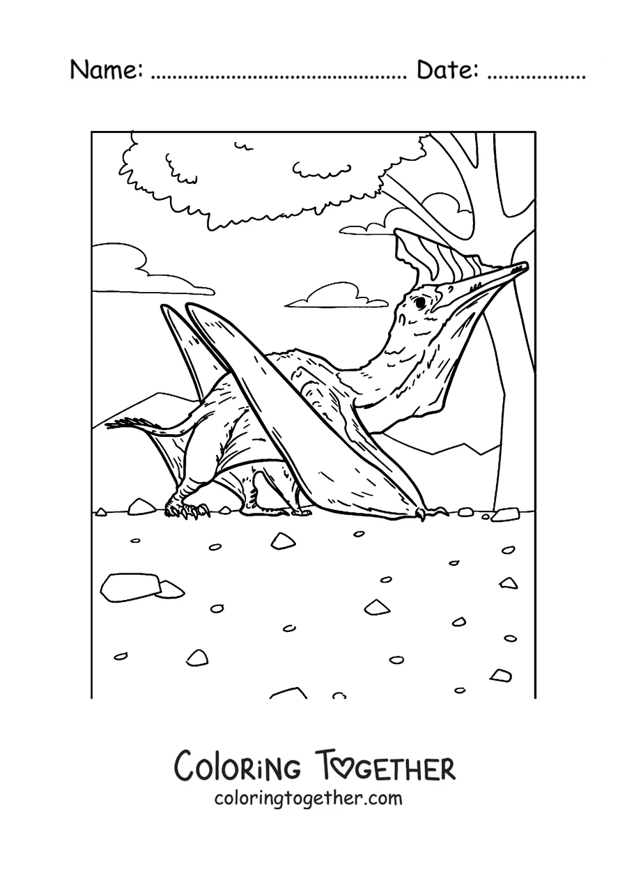 Coloring page of a pterodactyl resting beside a tree