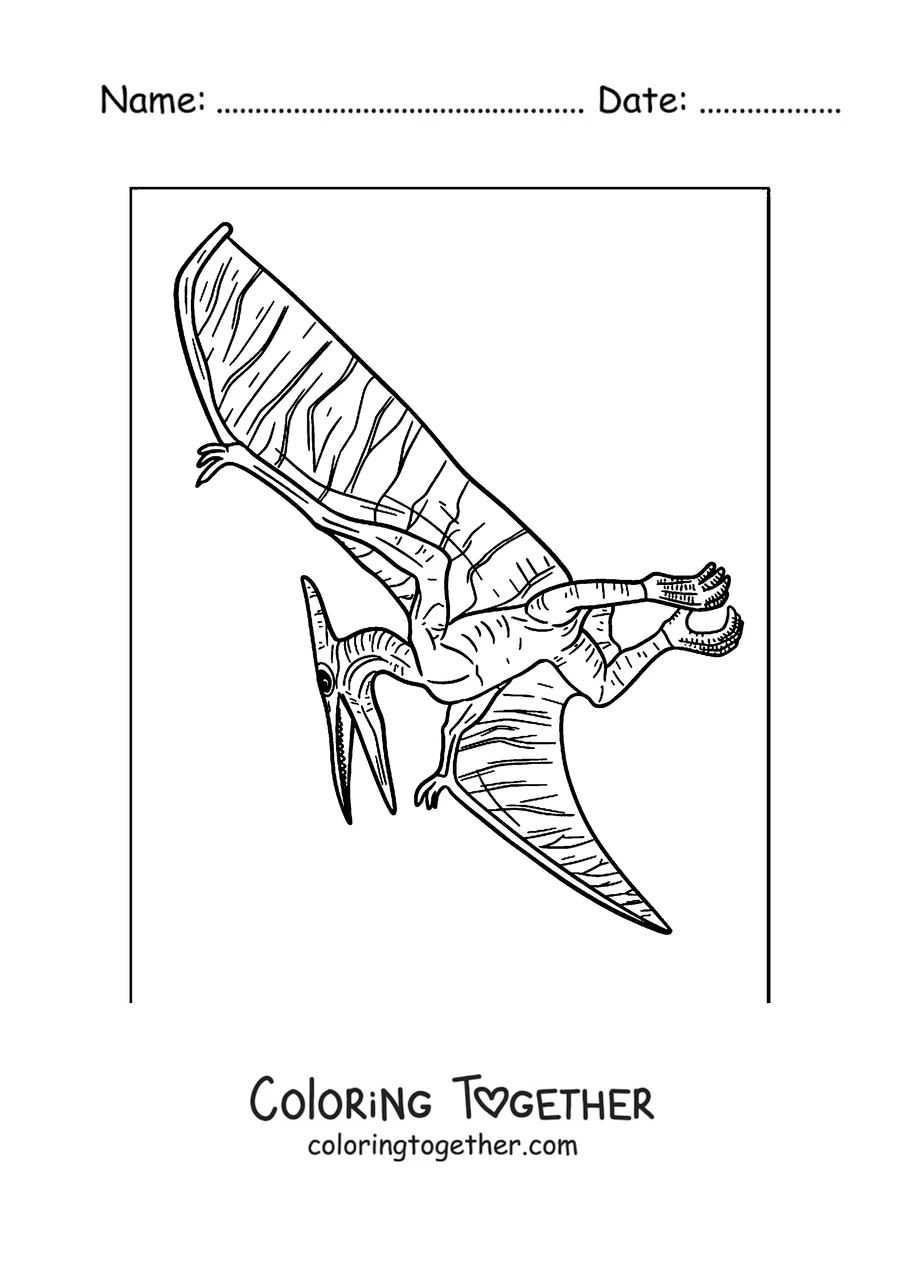 Coloring page of a perched pterodactyl with detailed skin wings