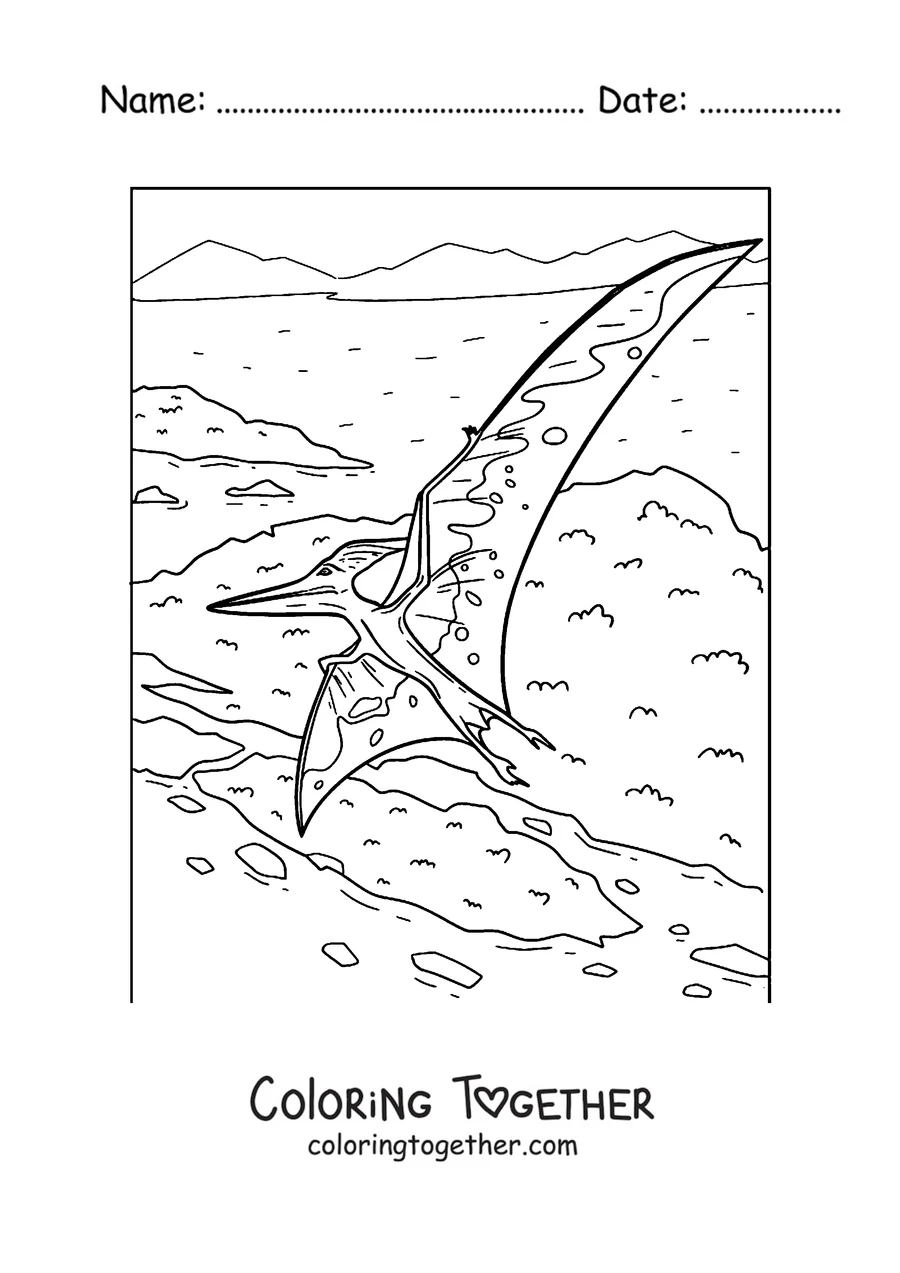 Coloring page of a pterodactyl gliding over an island