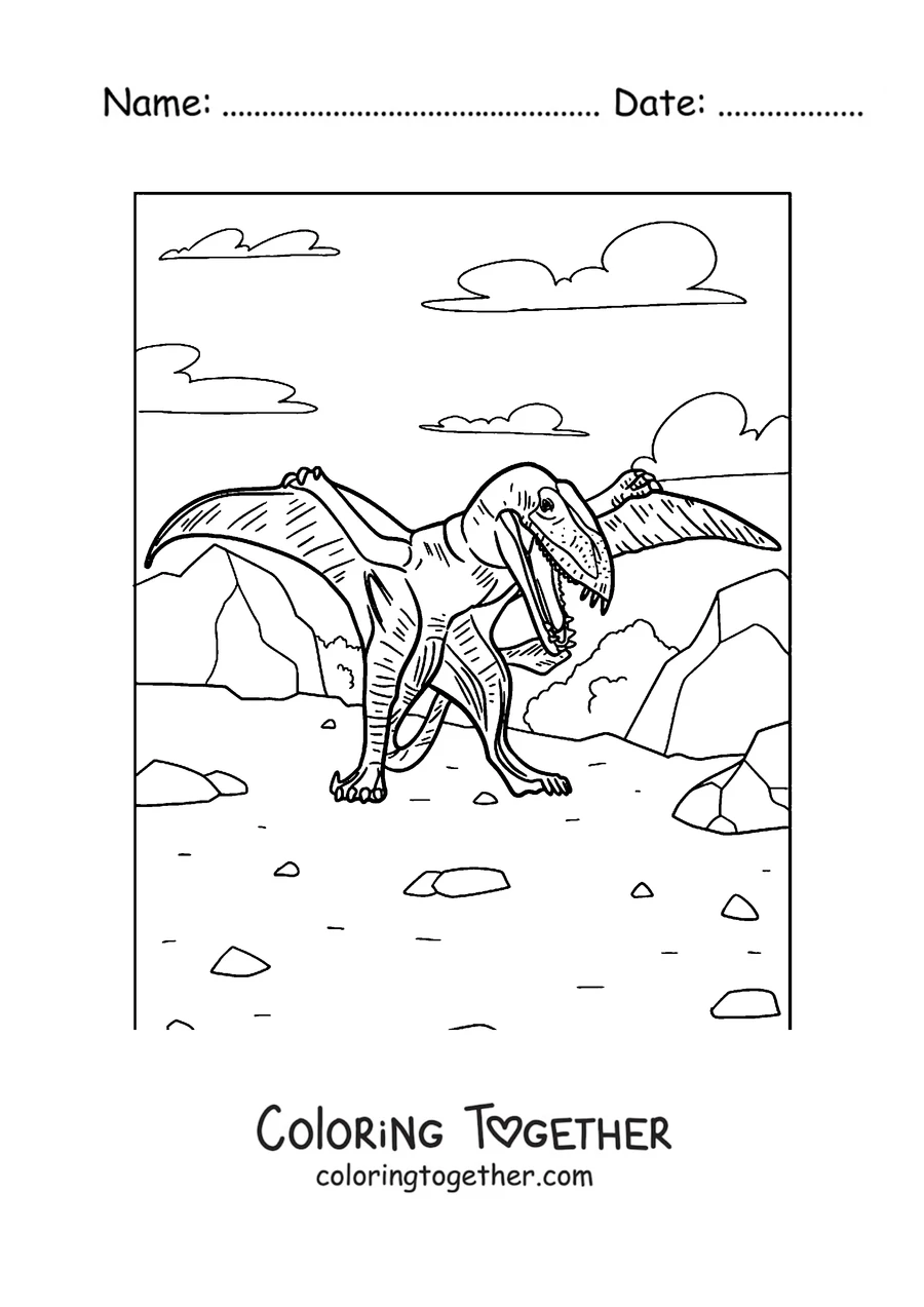 Coloring page of a pterodactyl standing on the ground with its wings open