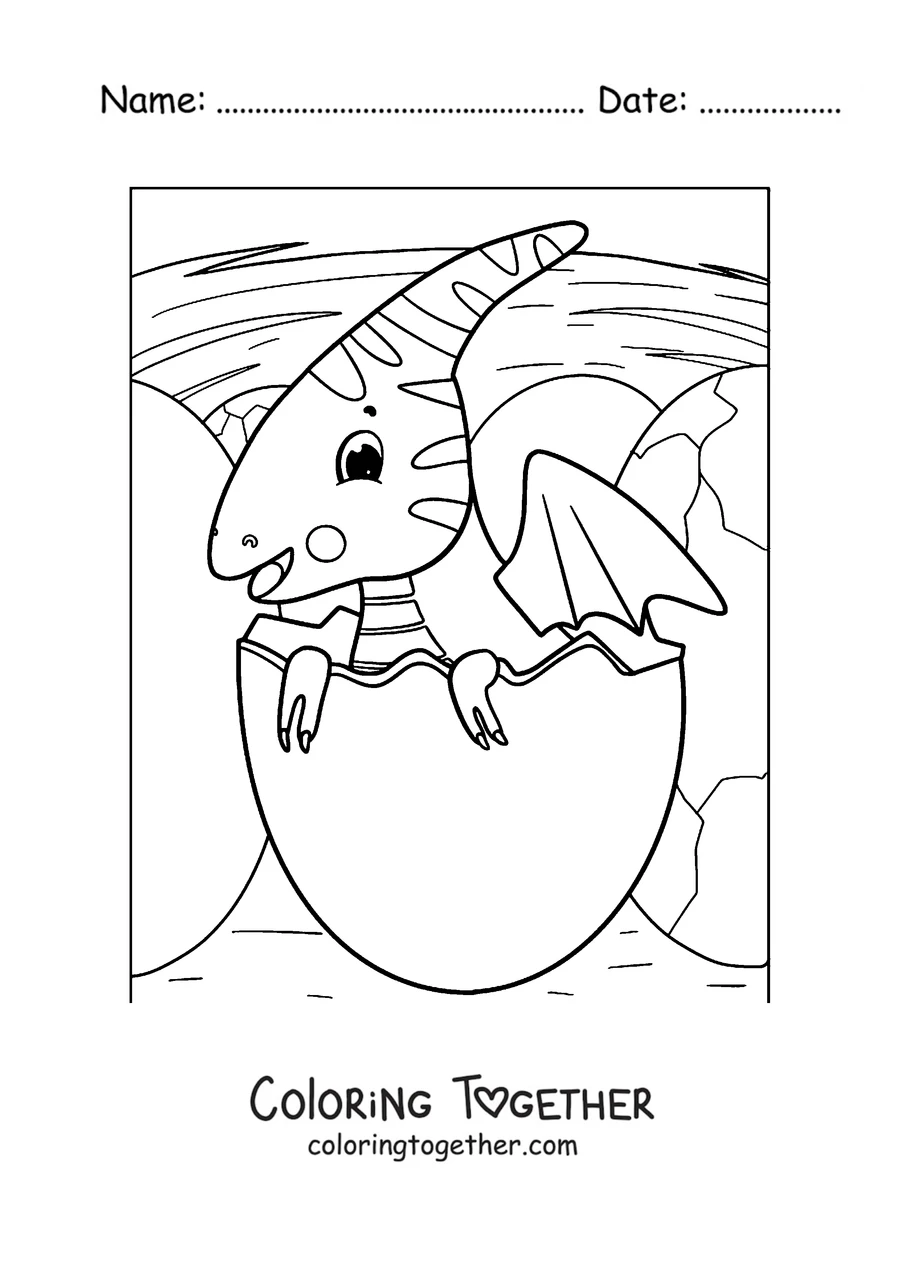 Coloring page of a pterodactyl hatchling coming out of its egg