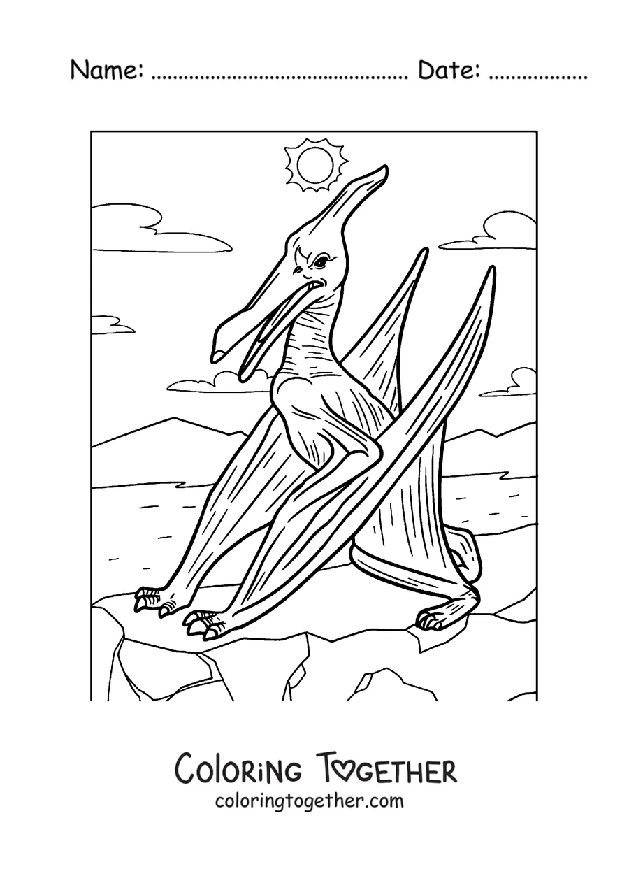 Coloring page of a pterodactyl standing on a cliff