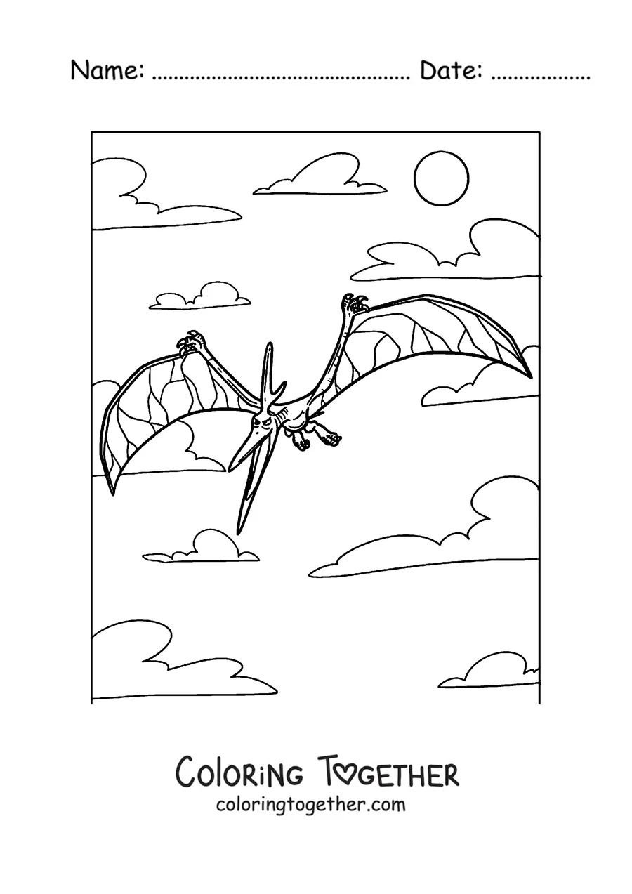 Coloring page of a pterodactyl flying with its wings spread wide